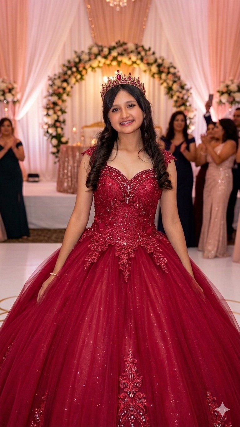 Karol celebrando sus quince años con vestido de gala